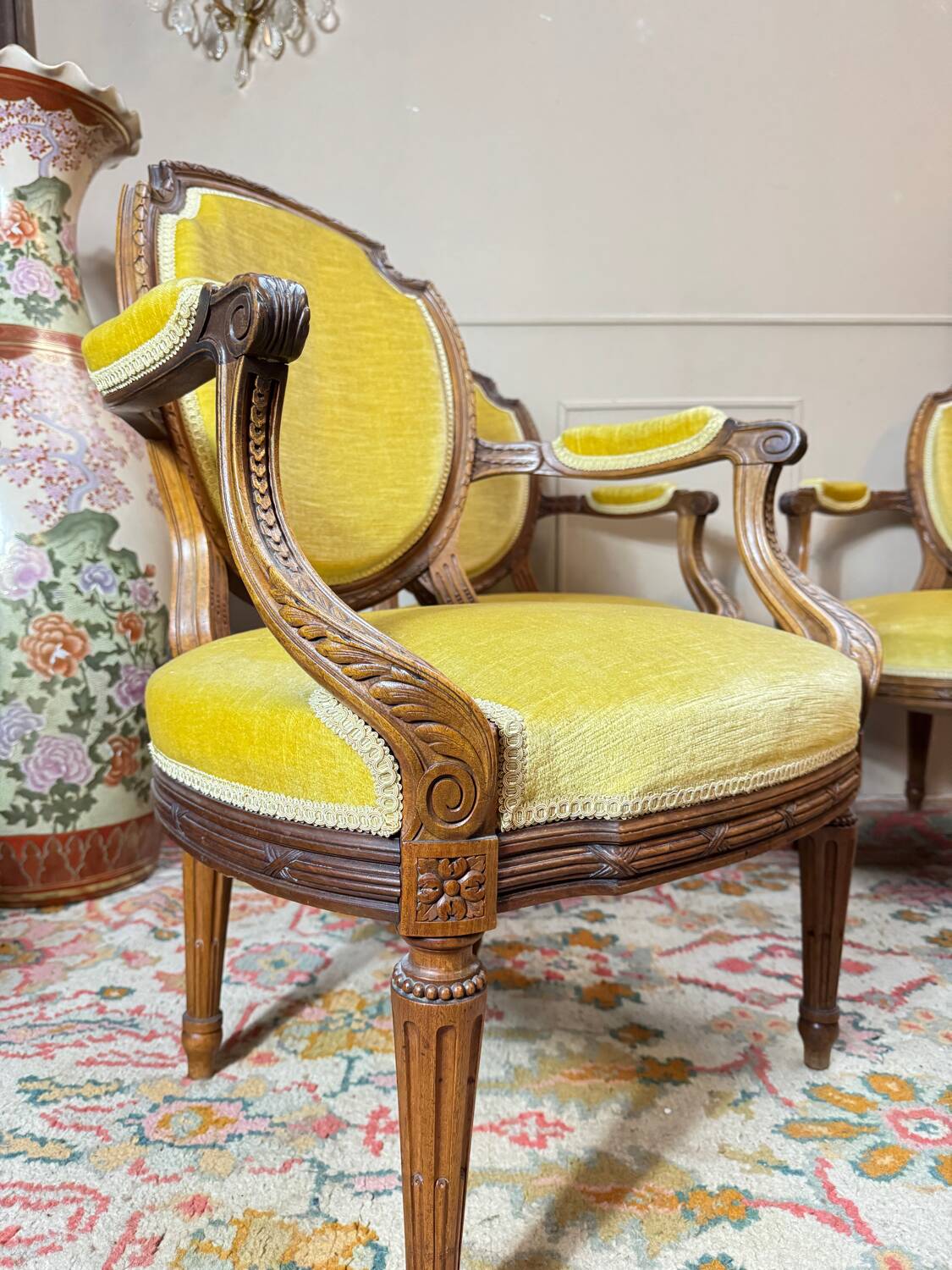 Set of four natural wood armchairs in louis xvi style 19th century