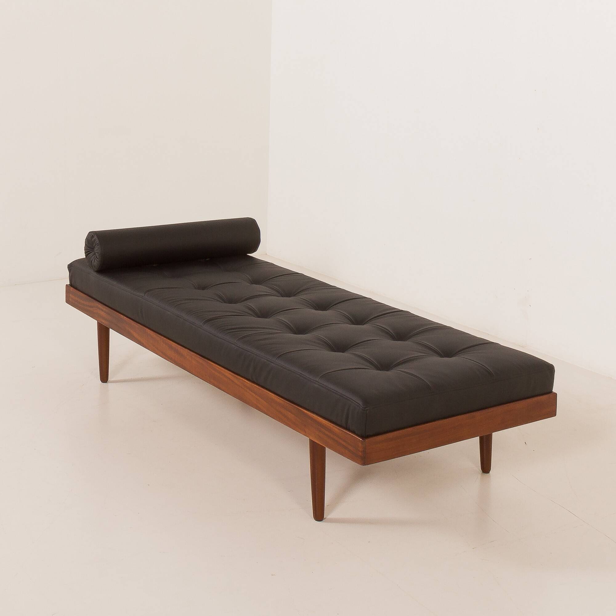 Danish mid century teak daybed in black leather, 1960s
