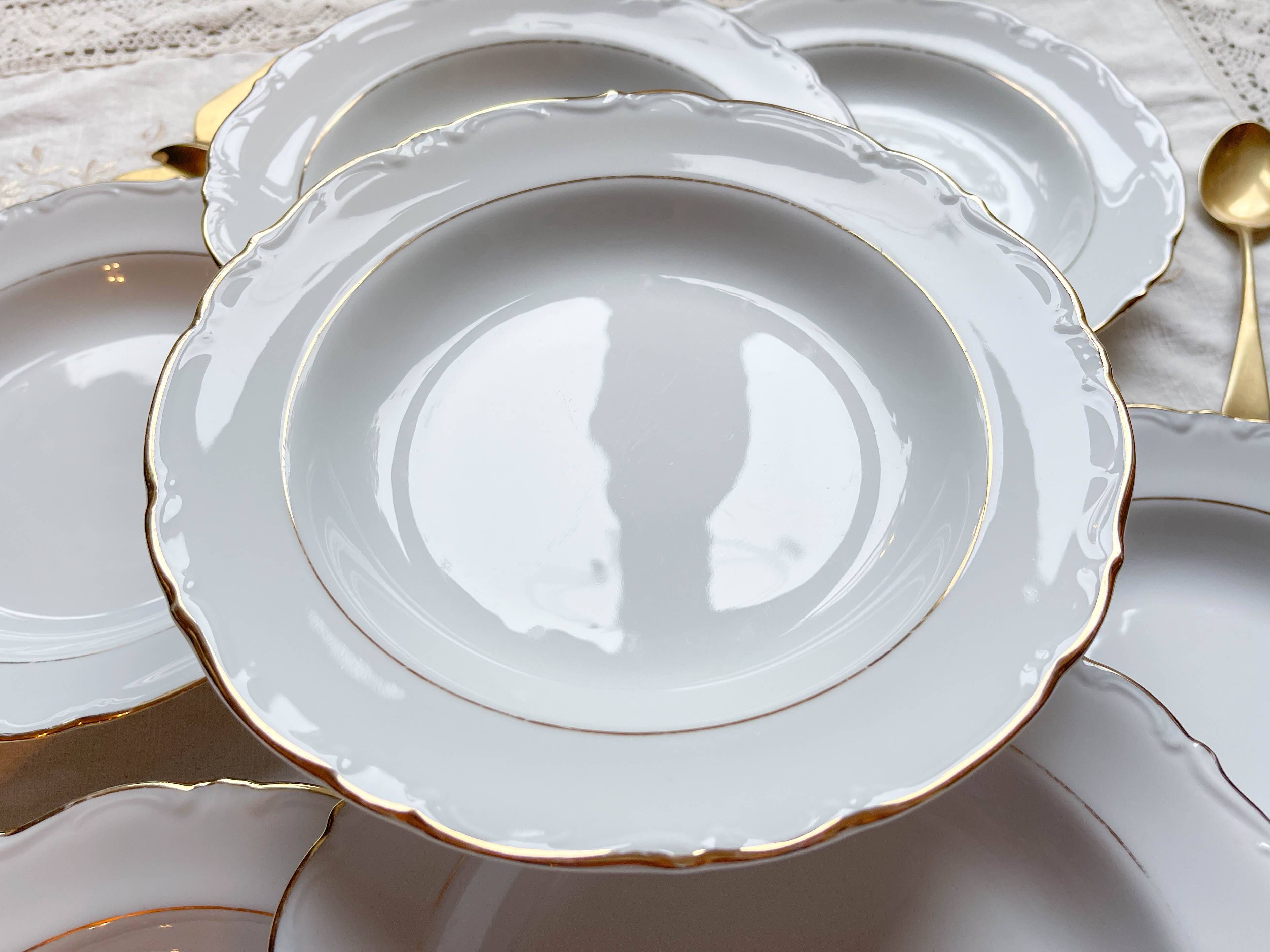 7 French Winterling BAVARIA white and gold porcelain soup plates
