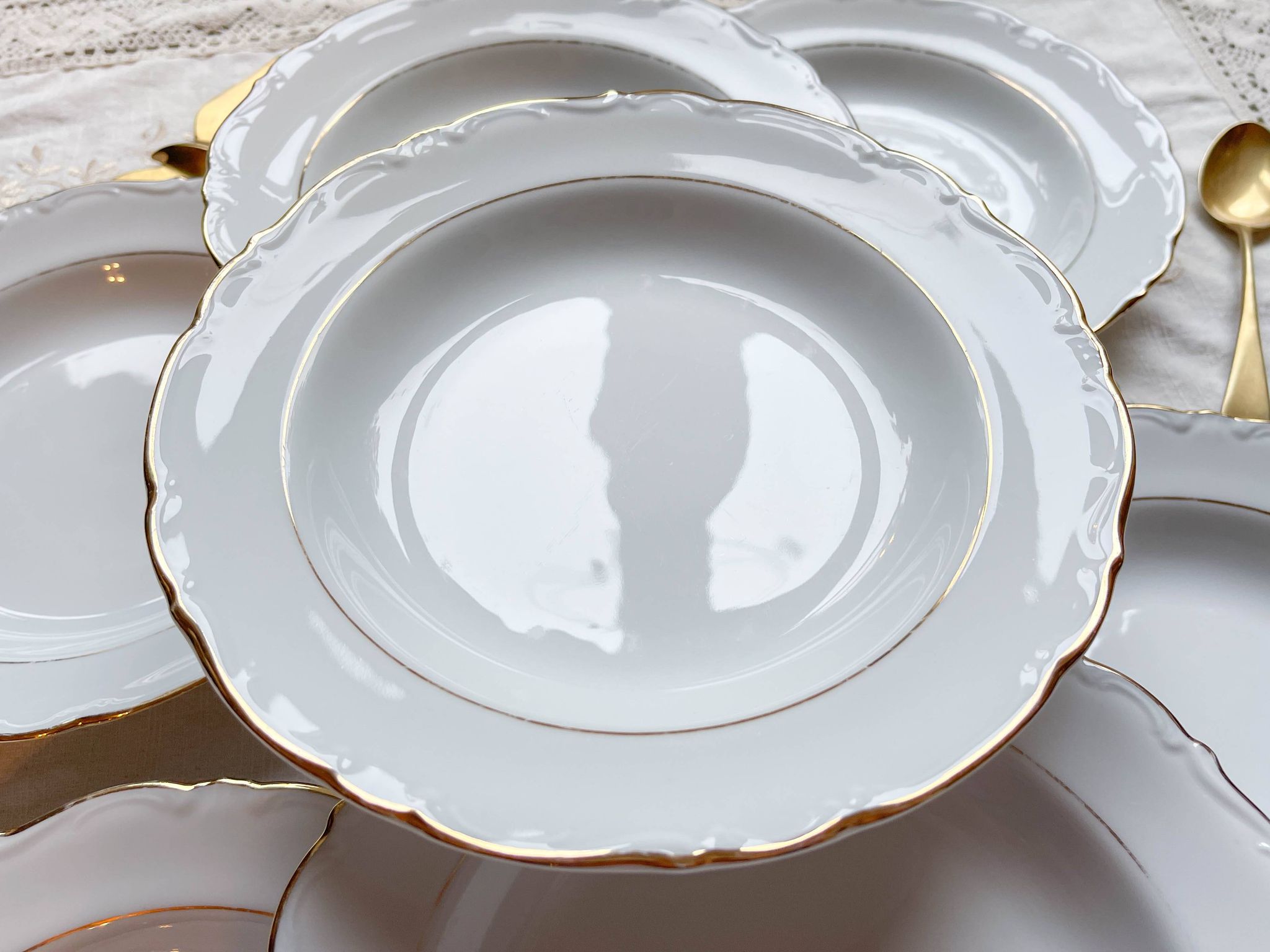 7 French Winterling BAVARIA white and gold porcelain soup plates