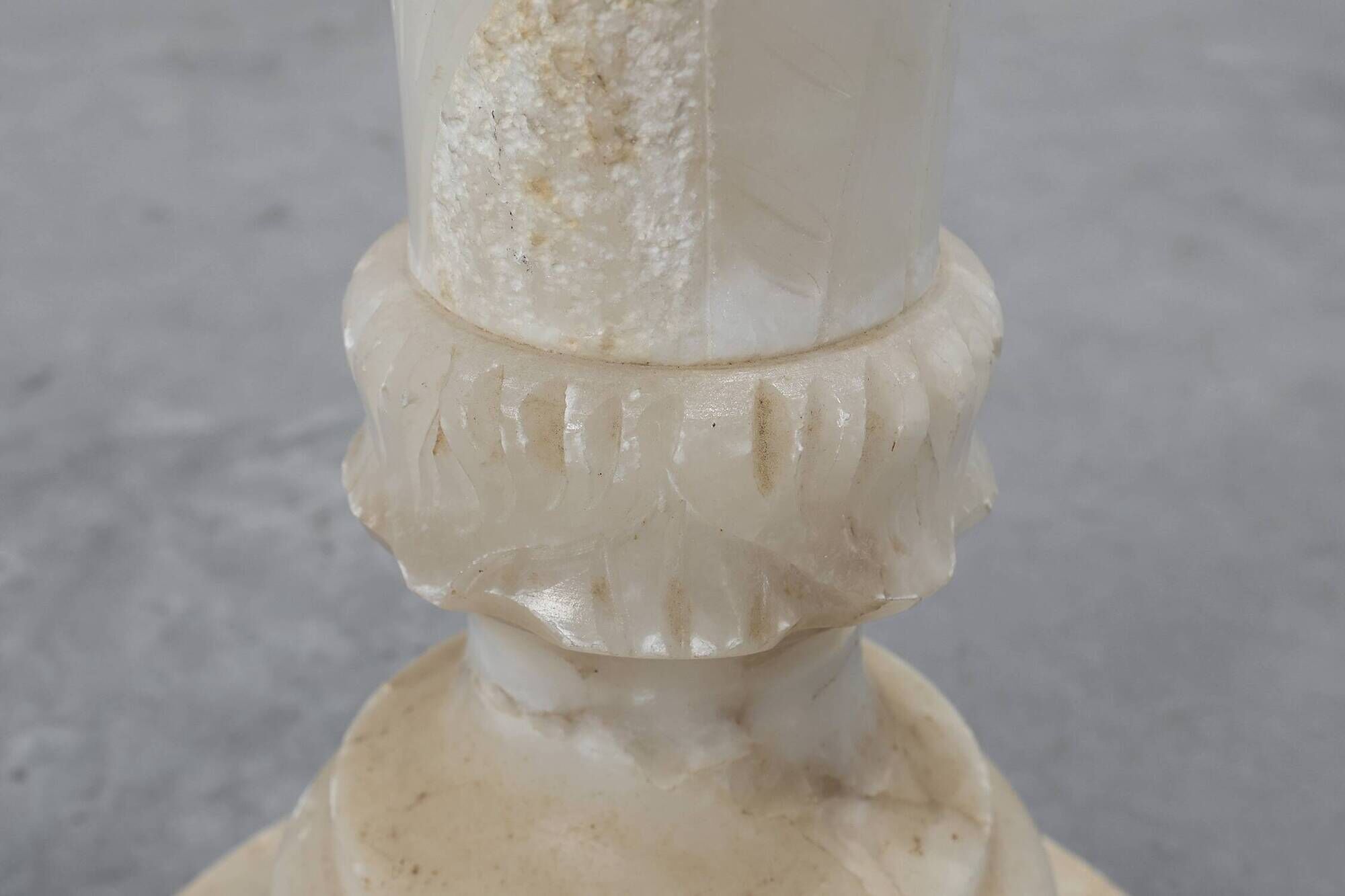 Italian Turned Alabaster Pedestal Column with Carved Leaf Capital
