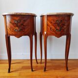 Pair of Louis XV style bedside tables with marquetry and marble.