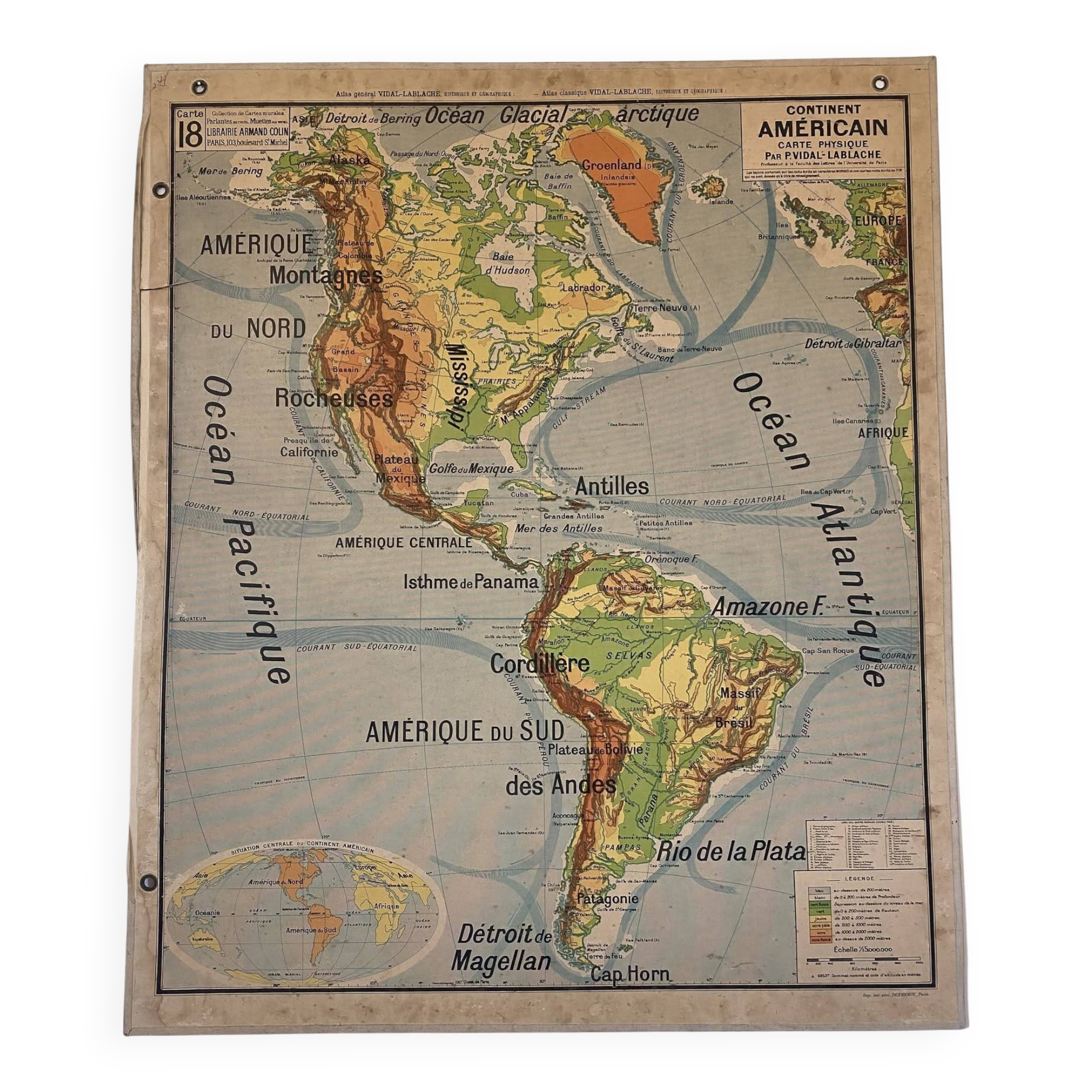 Old school geographical map of the American continent.