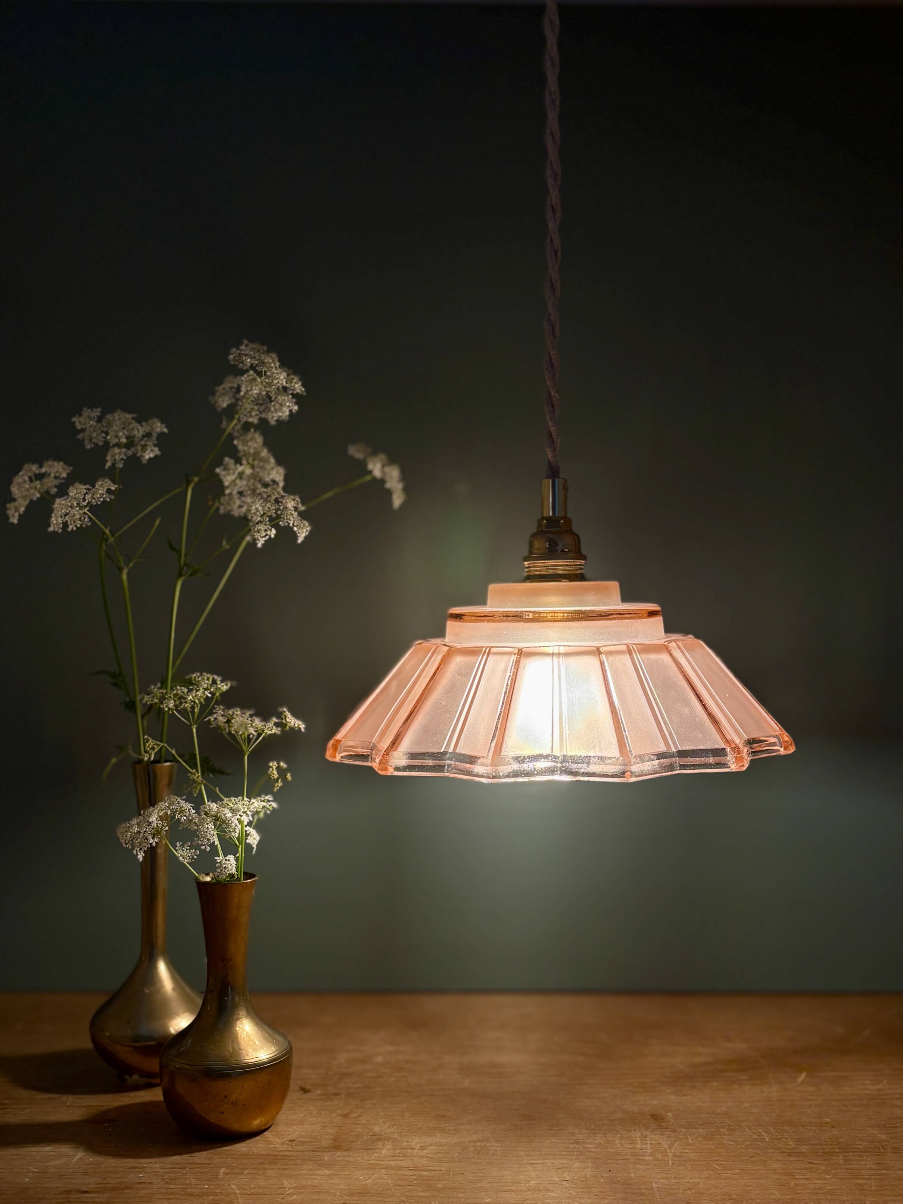 suspension vintage art deco lampshade in frosted pink glass