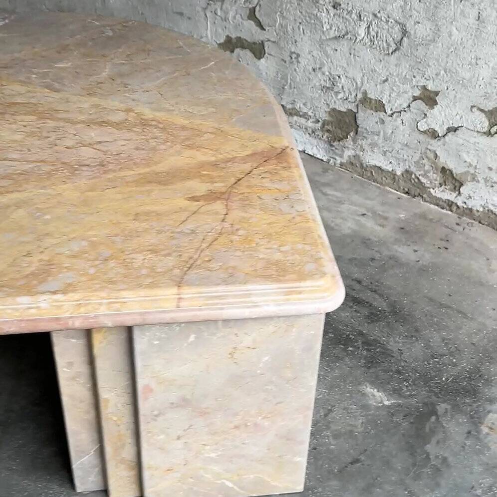 Vintage sandy coloured eye-shaped marble coffee table, France 1980s