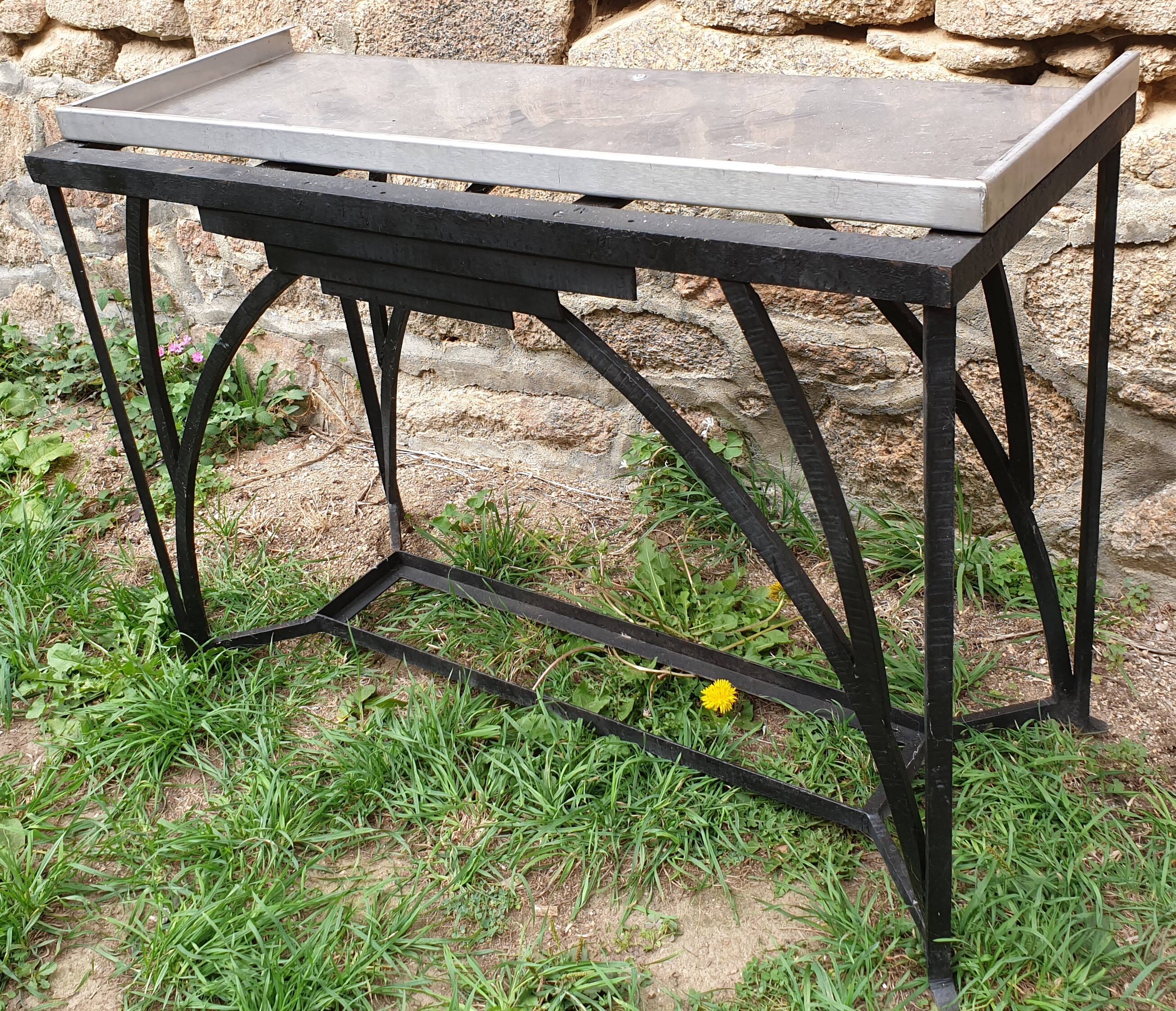 Art Deco console in wrought iron and steel (Art deco, wrought iron and steel console)