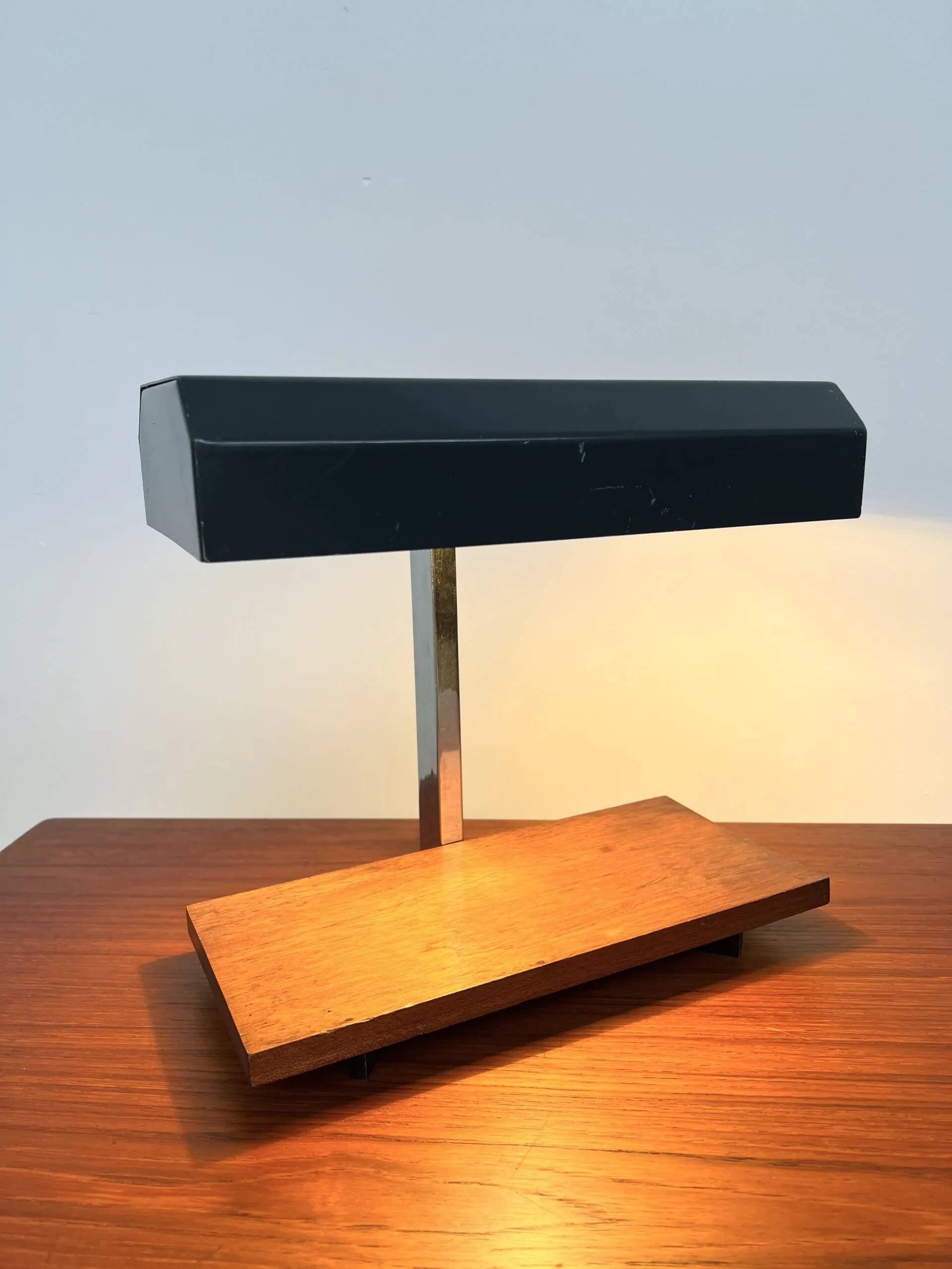 1950s desk lamp with teak base and grey lacquered metal