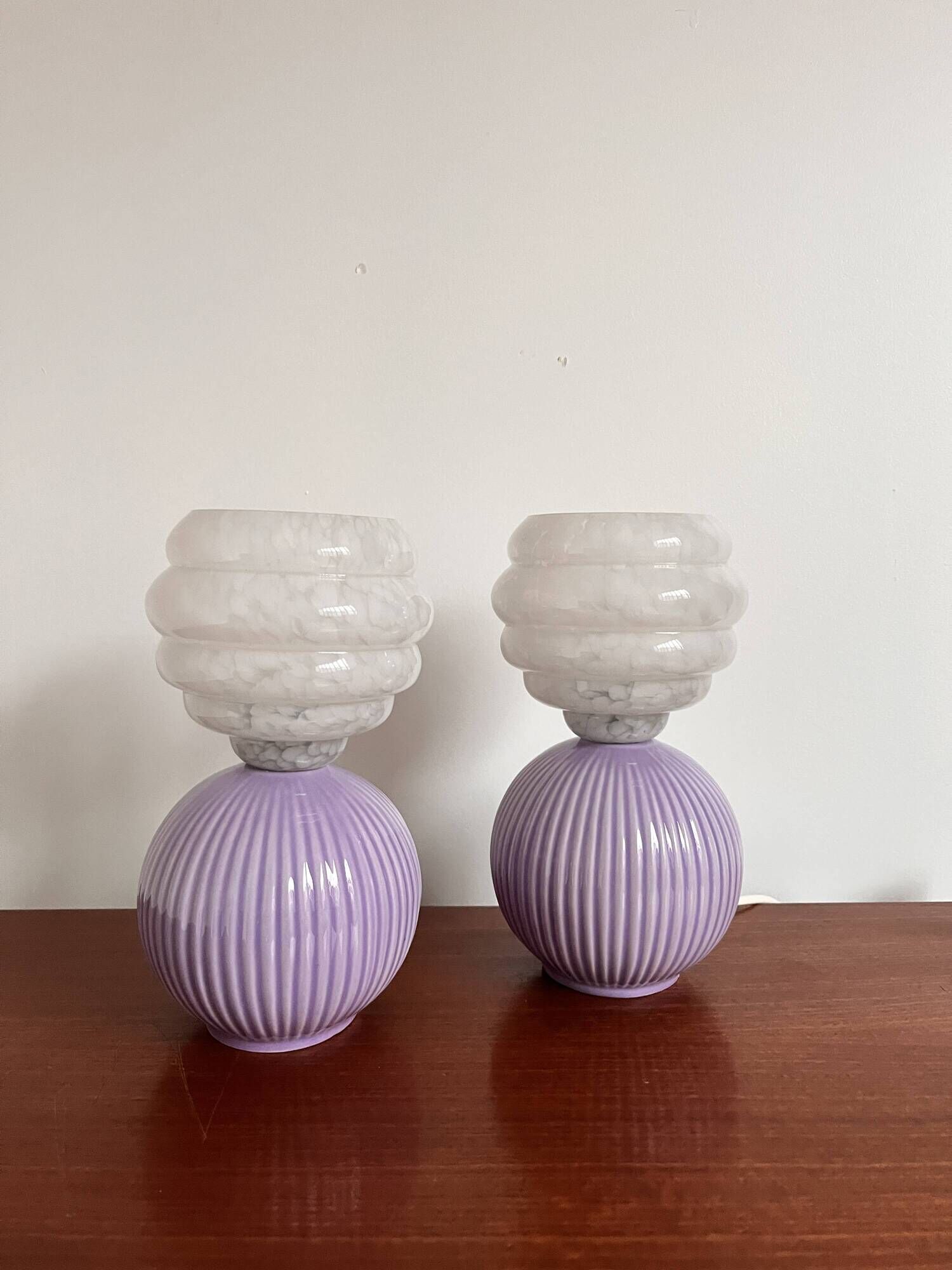Vintage ceramic and glass bedside lamp pair