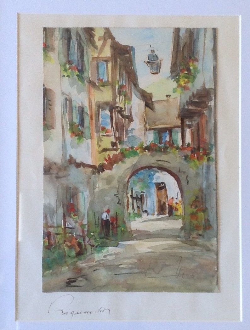 Watercolor by Alfred Doll representing "Riquewihr, rue Juifs" 30X37cm