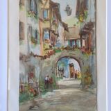 Watercolor by Alfred Doll representing "Riquewihr, rue Juifs" 30X37cm