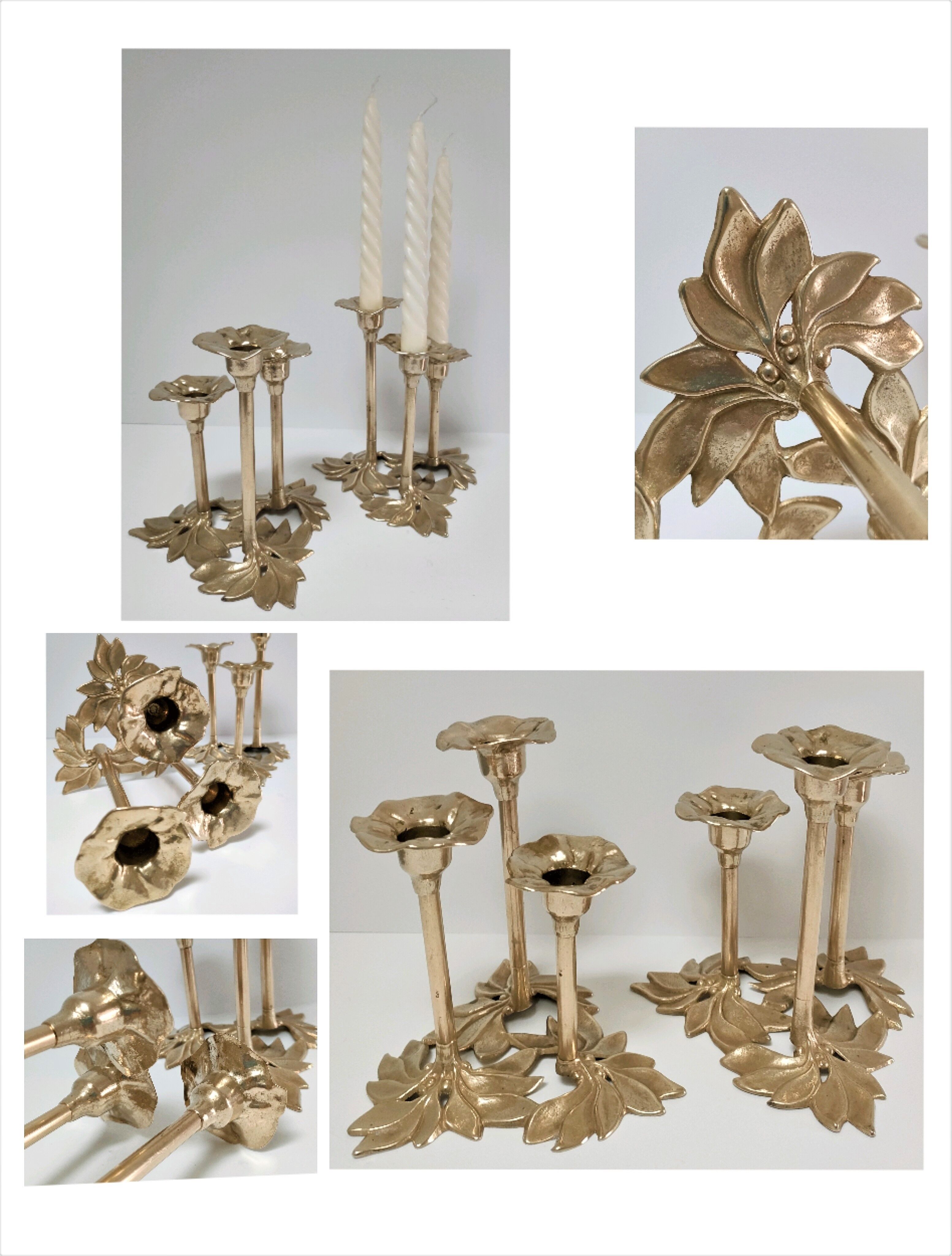 Pair of candlesticks solid brass vintage flowers