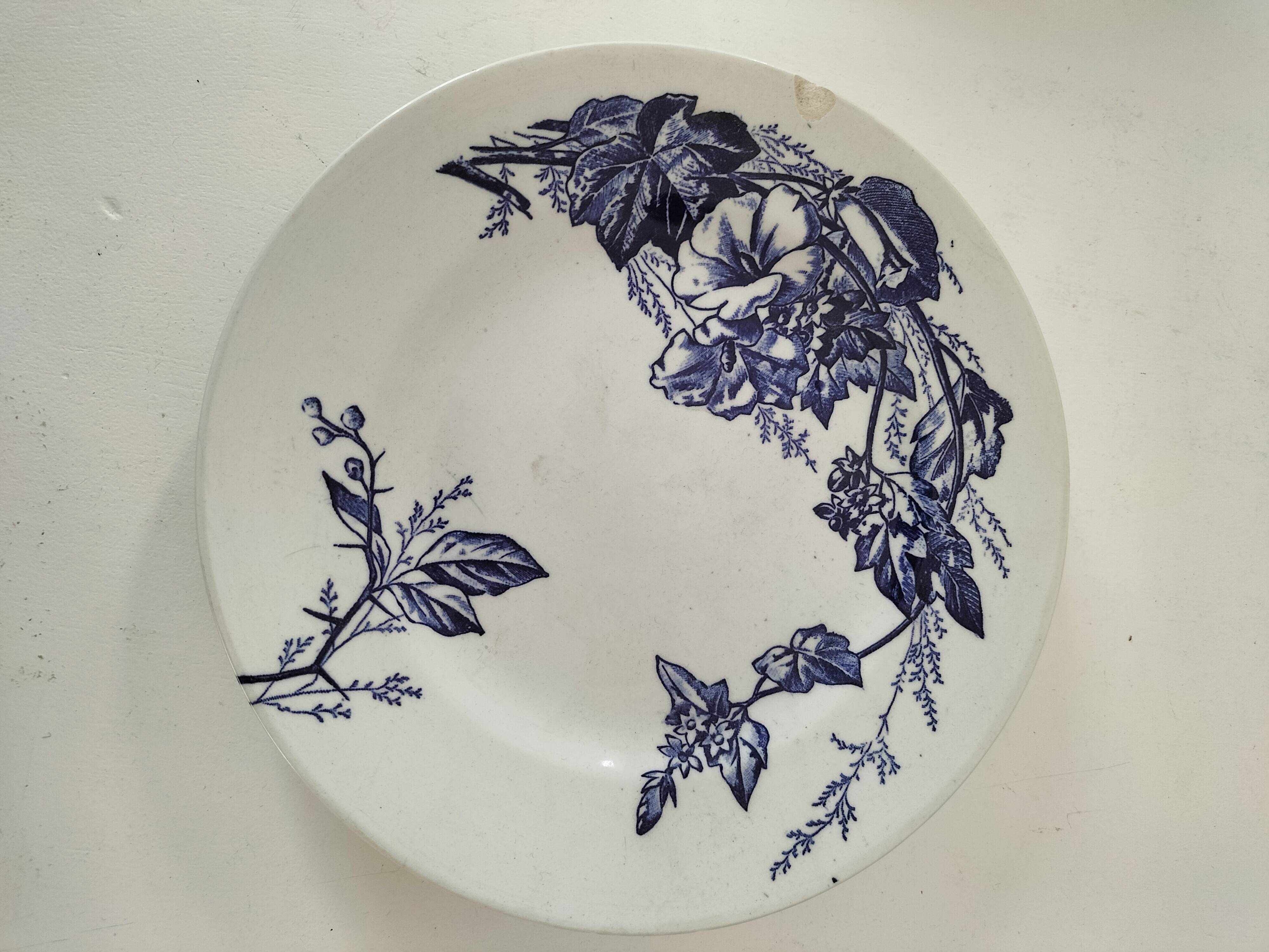 8 ironstone plates from the 19th century in blue camaïeu, mixed manufacturers.