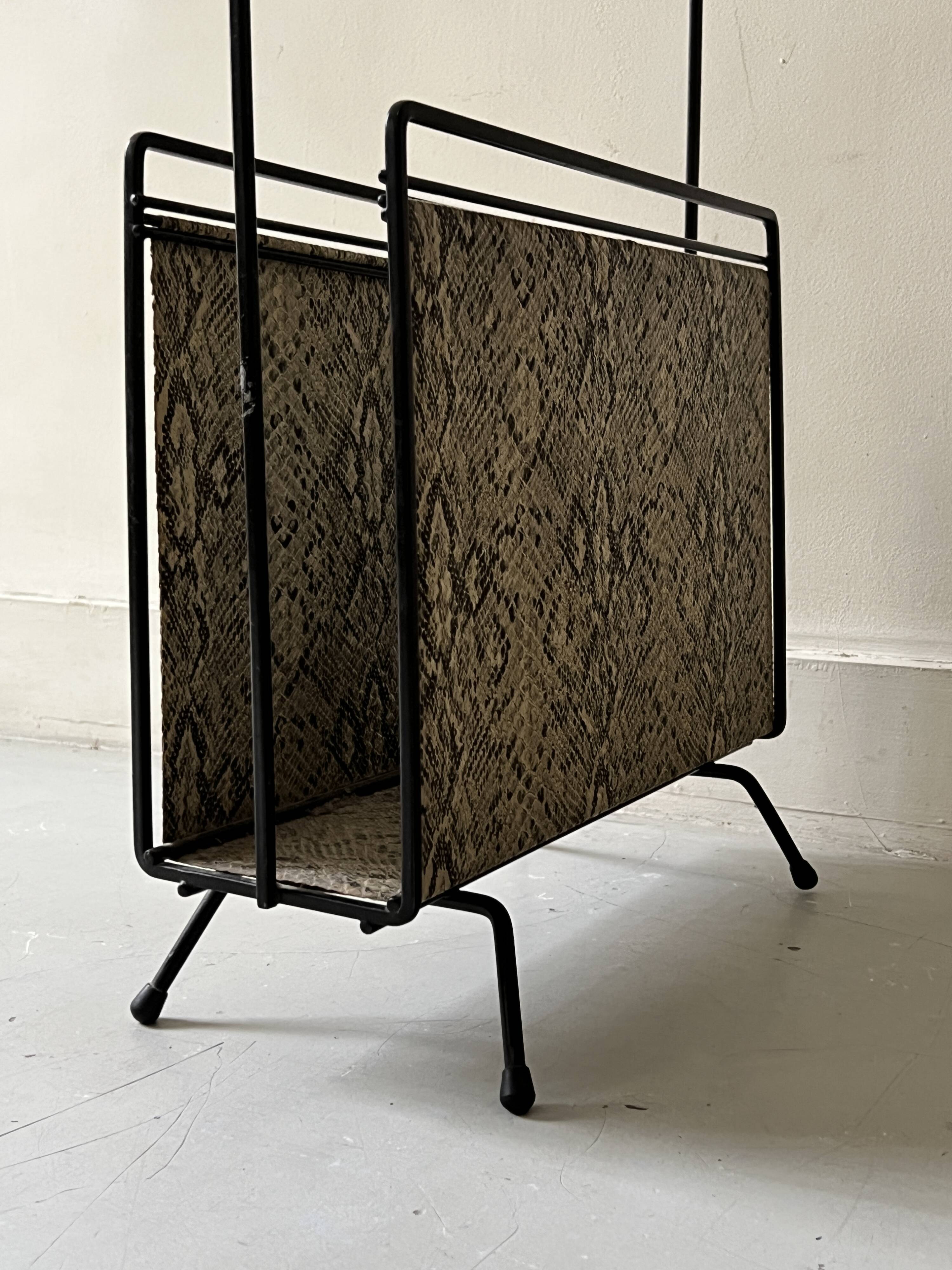 1970s design magazine rack in metal and python leather