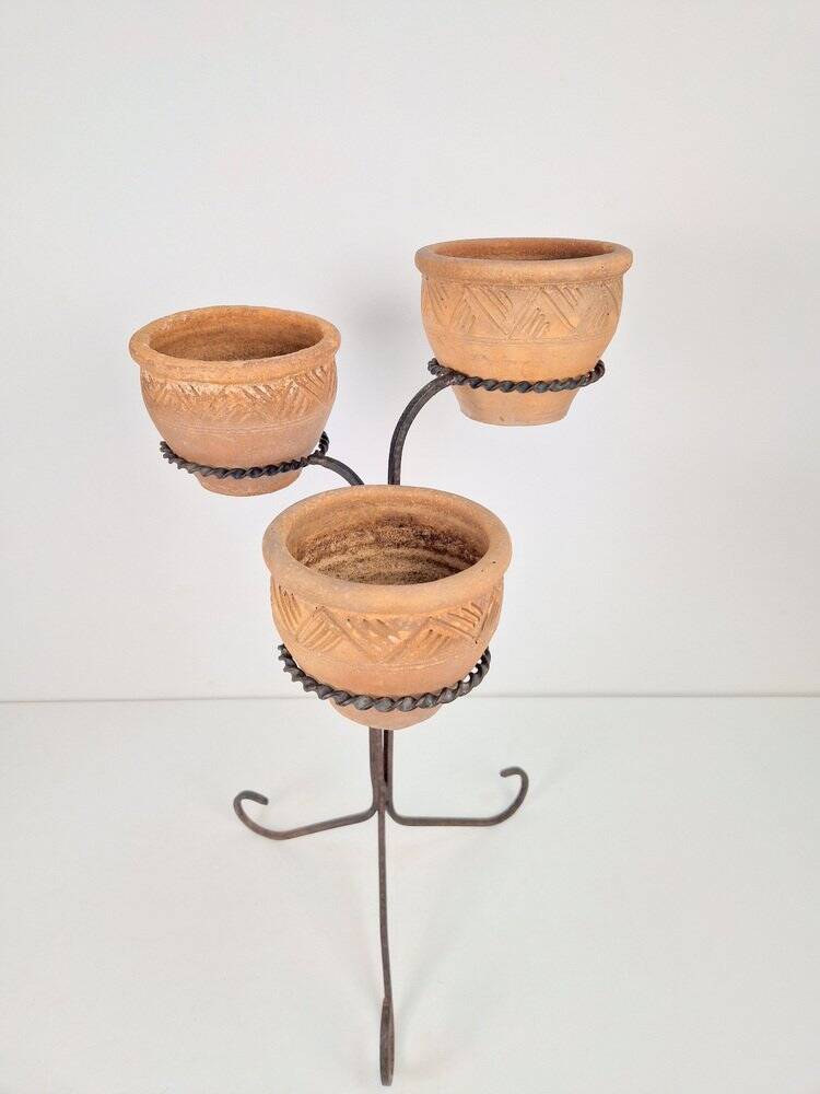 Brutalist Wrought Iron Plant Stand with Handmade Terracotta Pots, 1970s, Set of 4