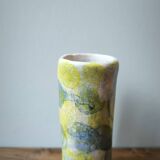 Handmade ceramic vase with blue and yellow bubble pattern