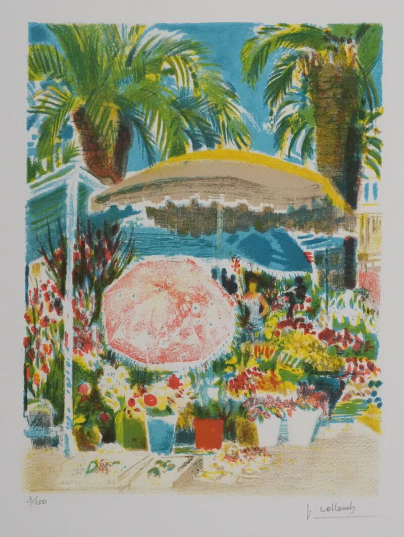 Paul Collomb: Flower Market, original signed lithograph.