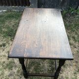 Vintage desk table in solid oak with 1 drawer facing turned legs with sleepers.