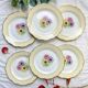 6 vintage porcelain dinner plates with white and golden yellow floral pattern L'Amandinoise "Coopélia" - Vintage floral tableware