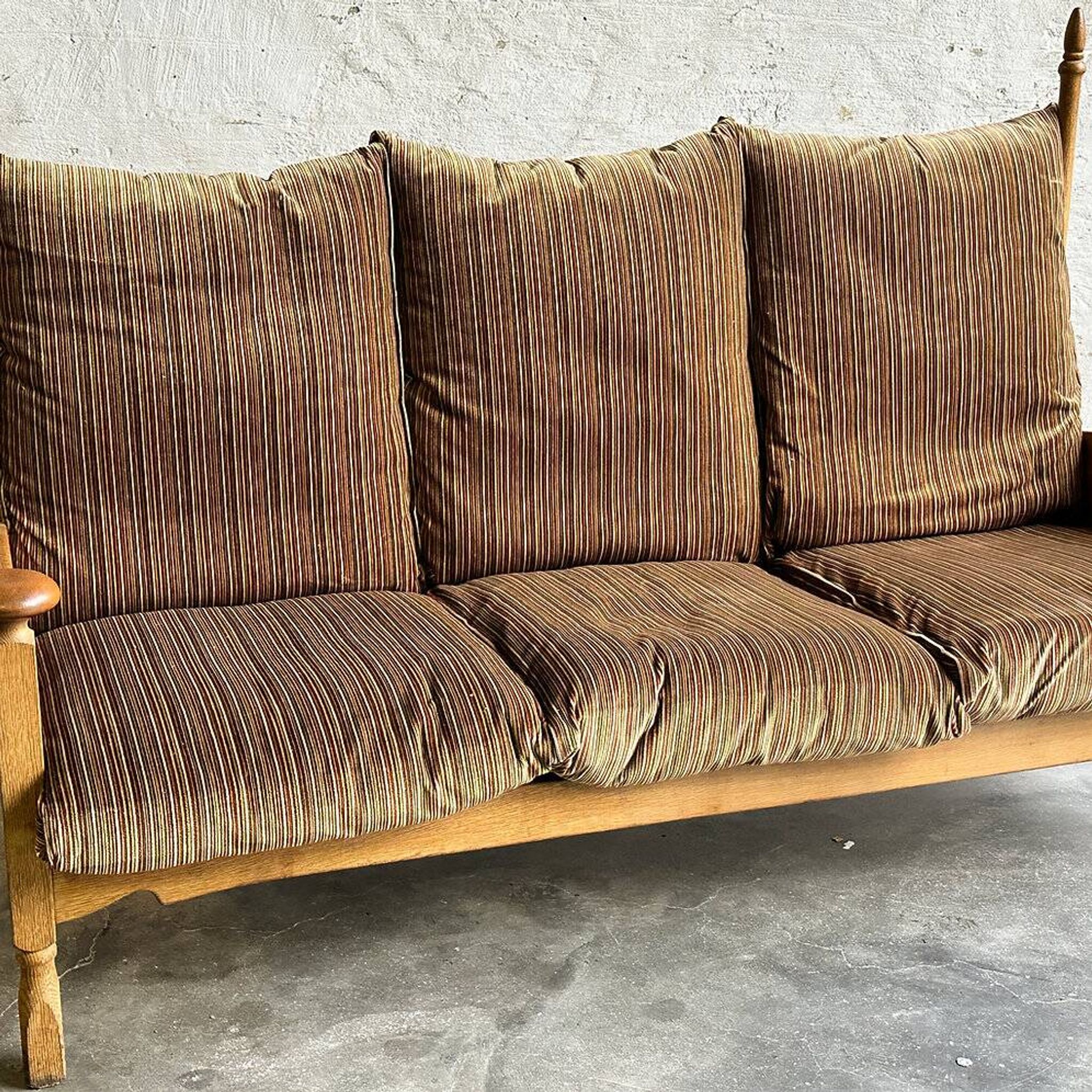 1950s brutalist oak and velvet throne-like sofa
