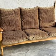 1950s brutalist oak and velvet throne-like sofa