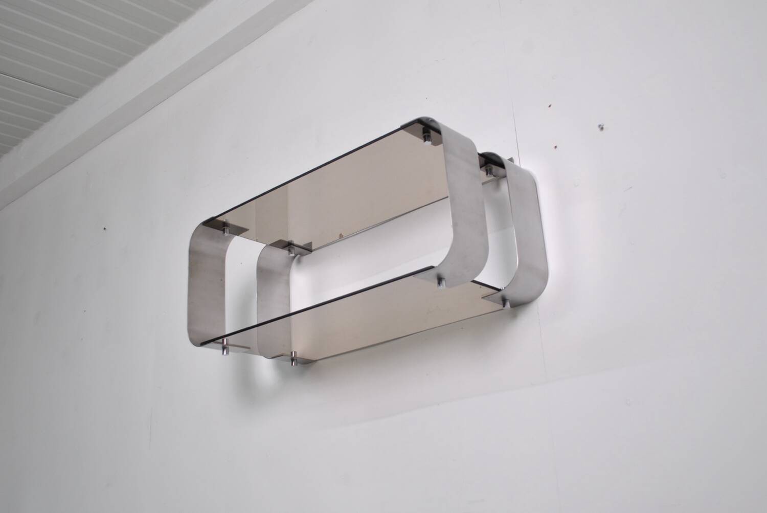Brushed steel and smoked glass shelf, Donald Singer, 1970