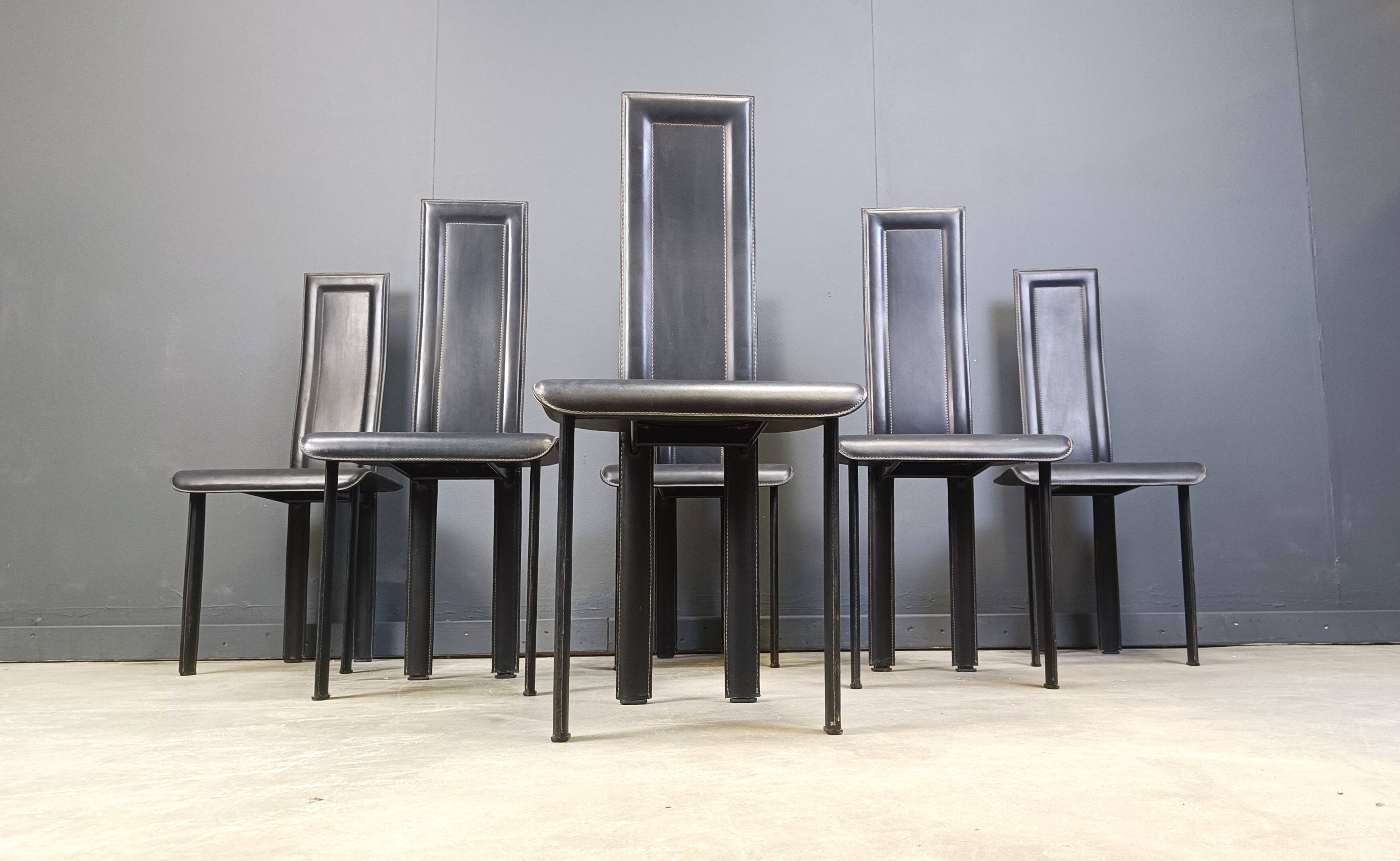 Set of 6 post modern black leather dining chairs, 1980s
