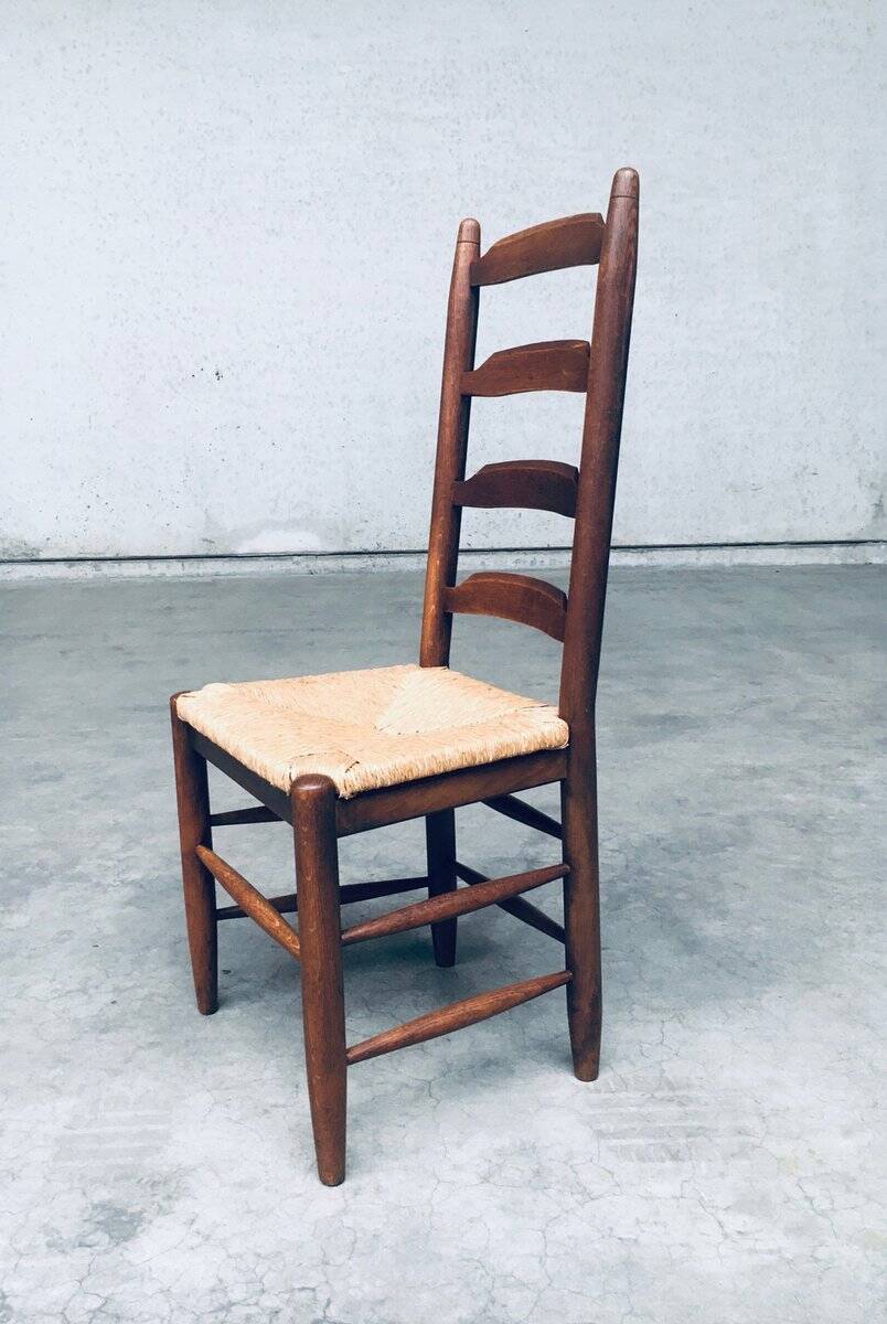 Rustic Ladder Back Oak and Rush Dining Chairs, 1960s, Set of 4