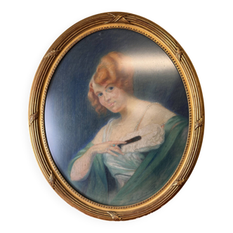 Monumental pastel painting in medallion art nouveau period circa 1900