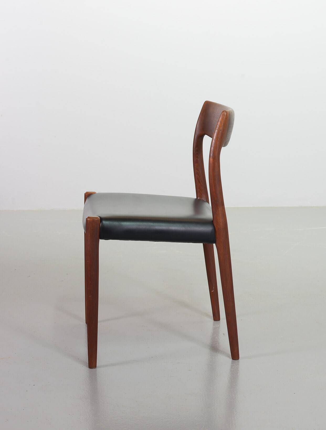 Niels Otto Moller Teak Wooden with Black Leather Dining Chairs, Model 77
