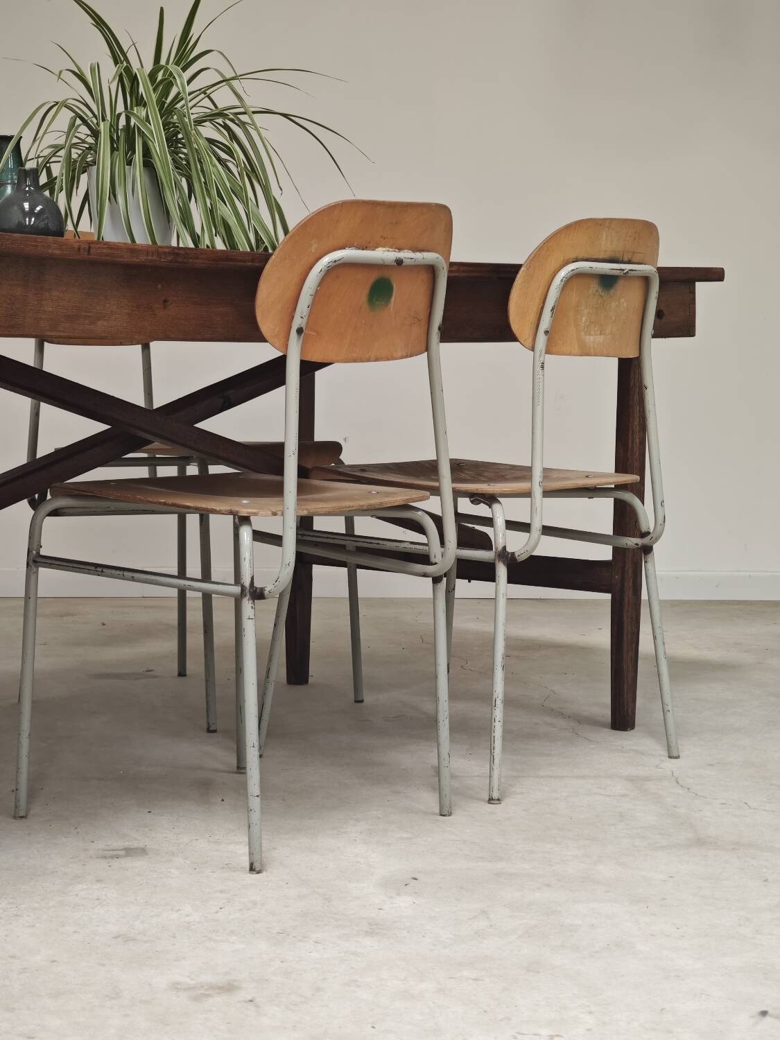 Vintage workshop folding table in oak with a hand-patinated black top.