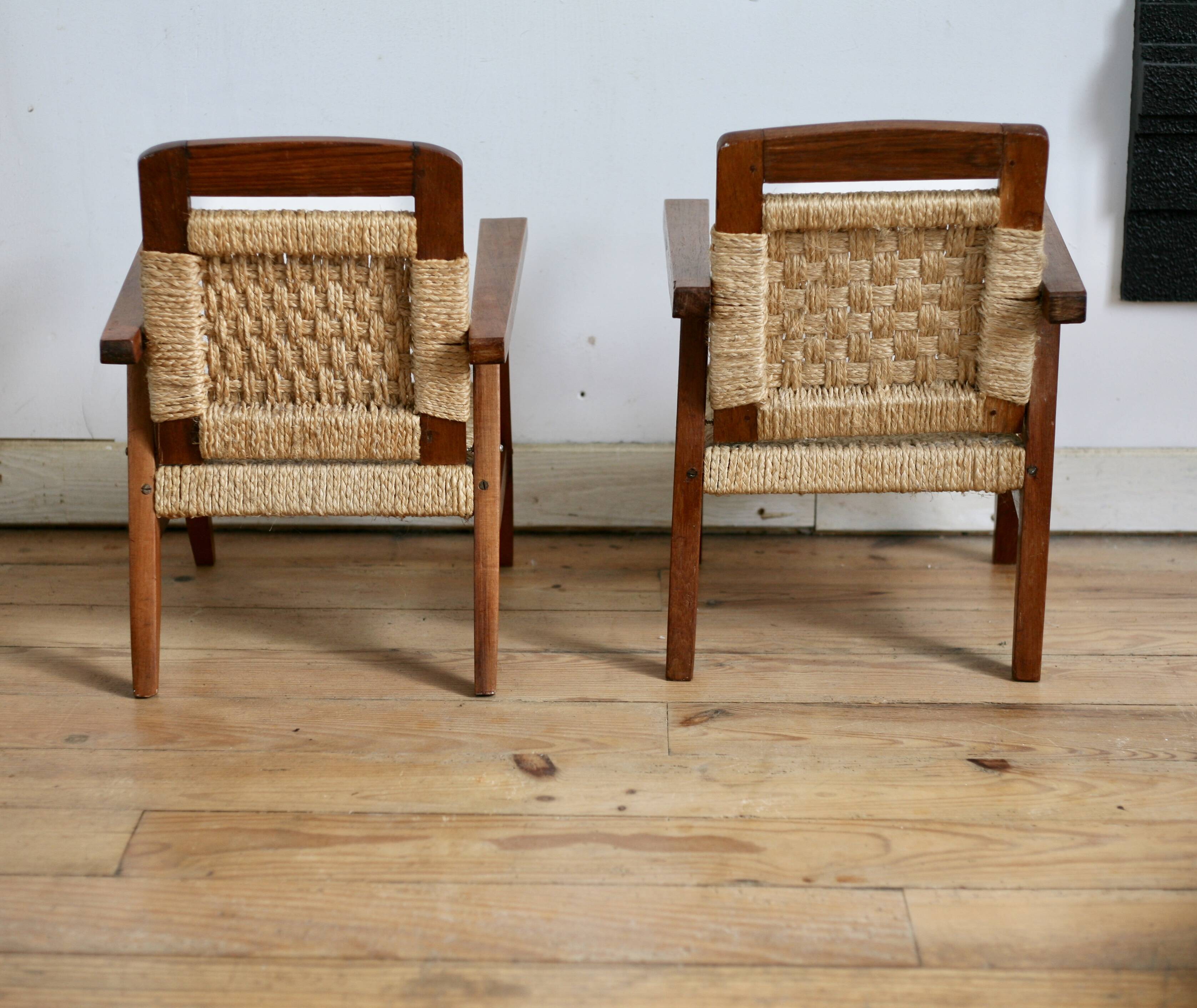 Pair of children's armchairs in rope, attributed to Audoux Minet.