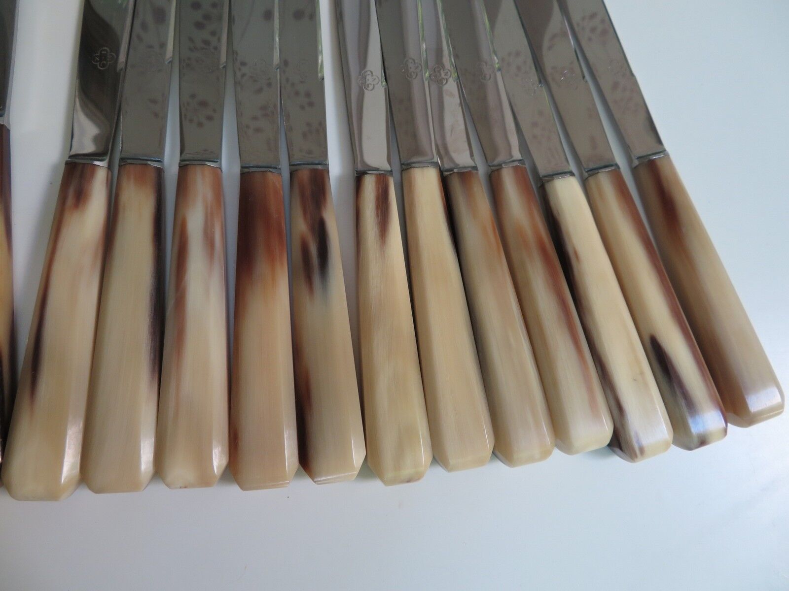 Complete 2-tiered housewife 12 table knives and 12 cheese table knives horn handle