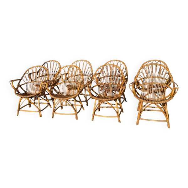 Set de 8 fauteuils en rotin des années 60 France