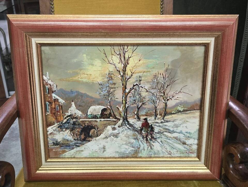 Oil on panel signed B. Franco depicting a lively winter landscape.