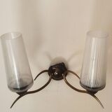 Two-light wall sconce in gilded metal with opaque glass shades, 1950/1960