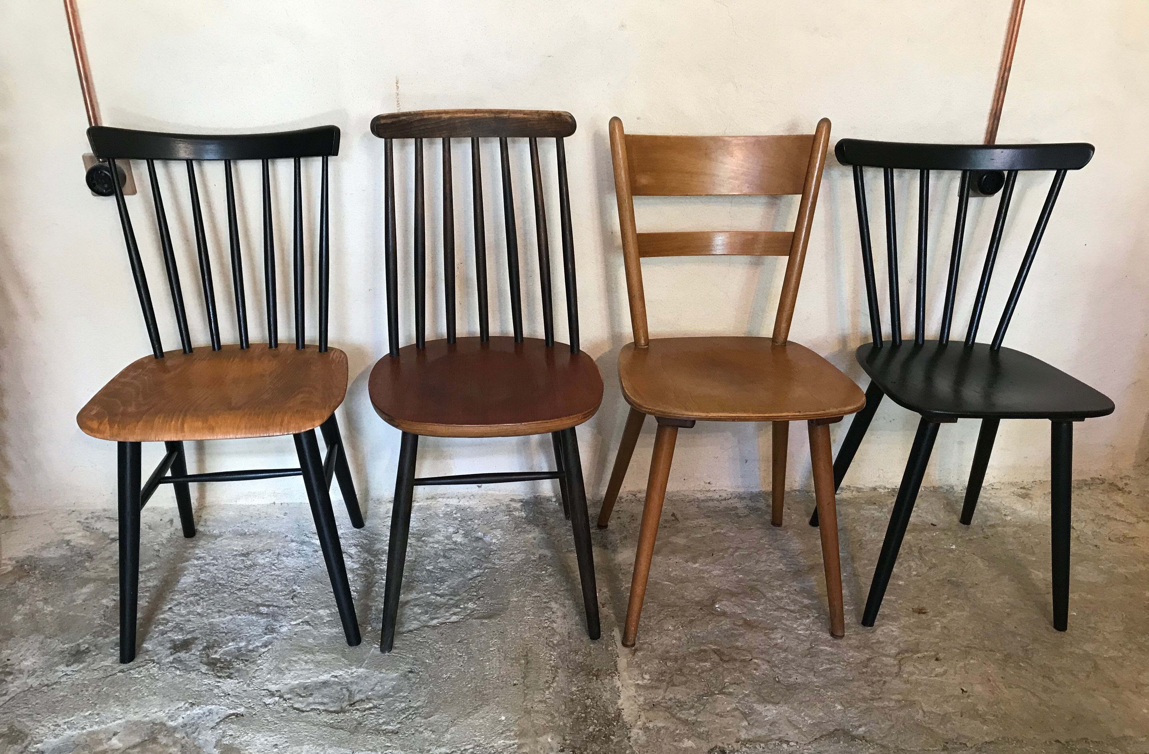 Set of 4 mismatched vintage chairs compass feet