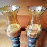 Paire de bougeoirs en bois et verre ancien