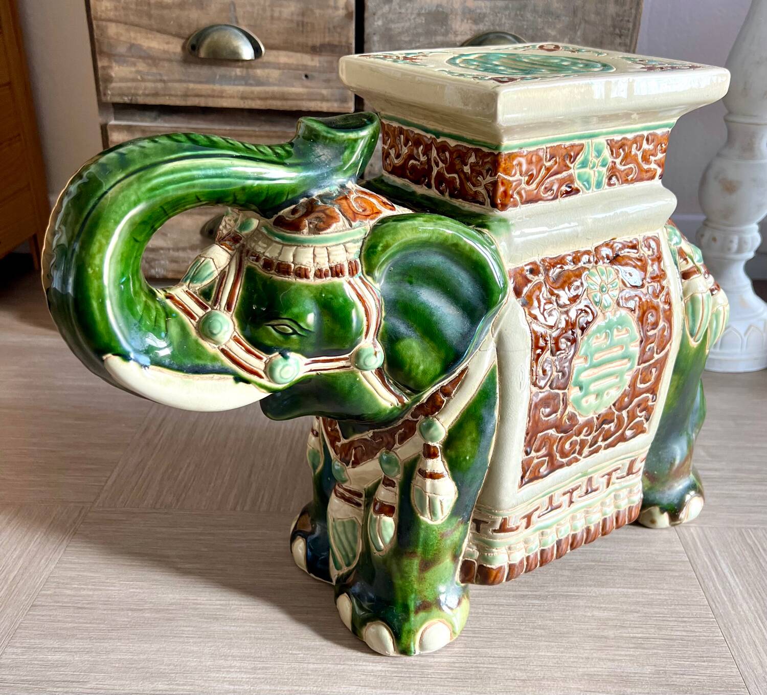 Enameled Ceramic Elephant, Plant Holder, Stool