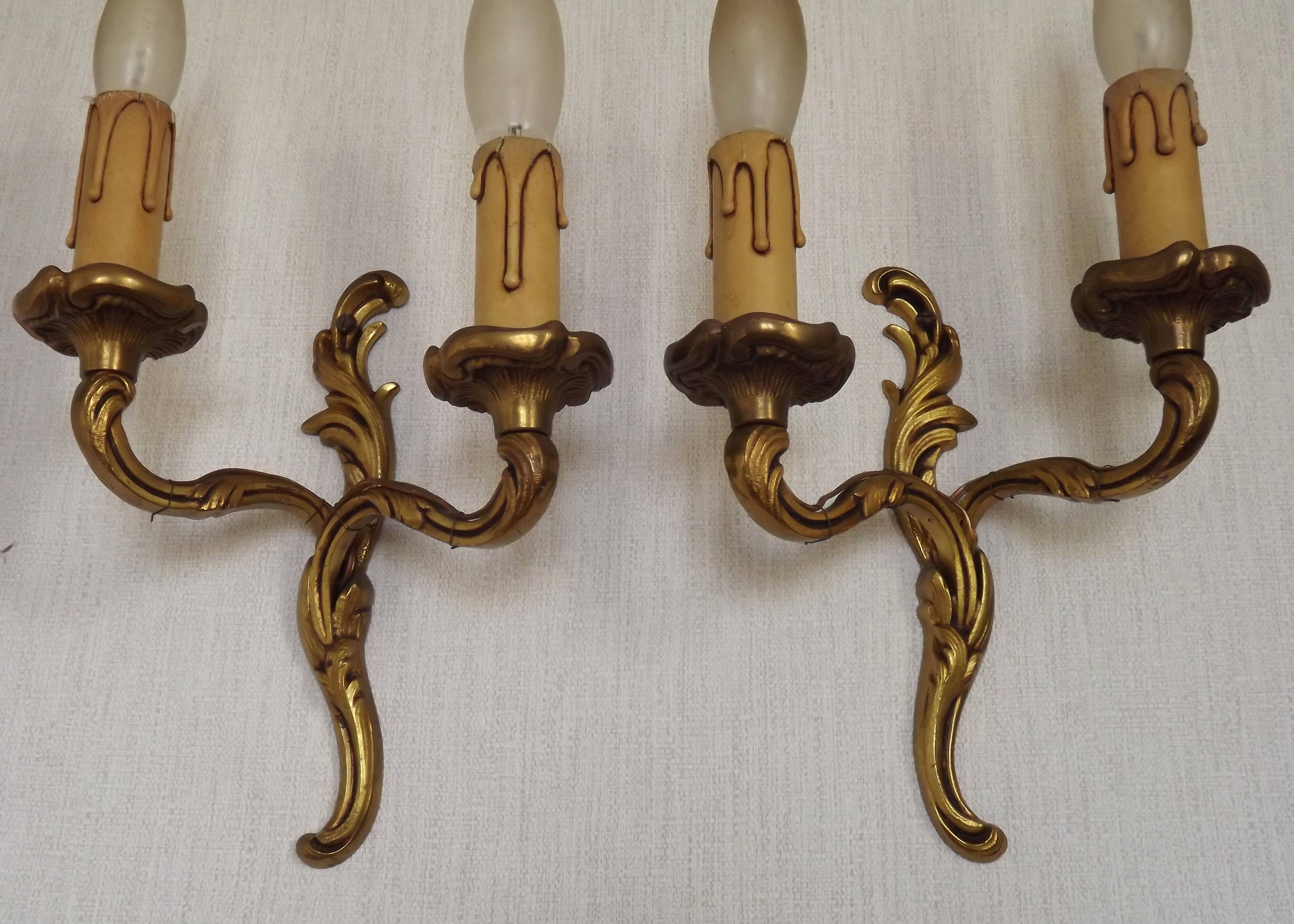 Vintage French Bronze Double Wall Sconces with Acanthus Leaf Detail 5706