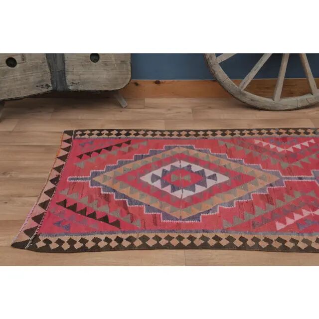 Tapis couloir vintage turc fait main en laine et coton rose des années 1970 104x358
