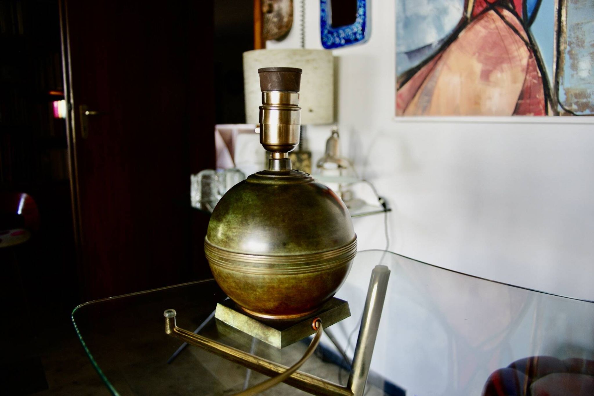 Lampe en bronze patiné et cuir art deco danemark 1930