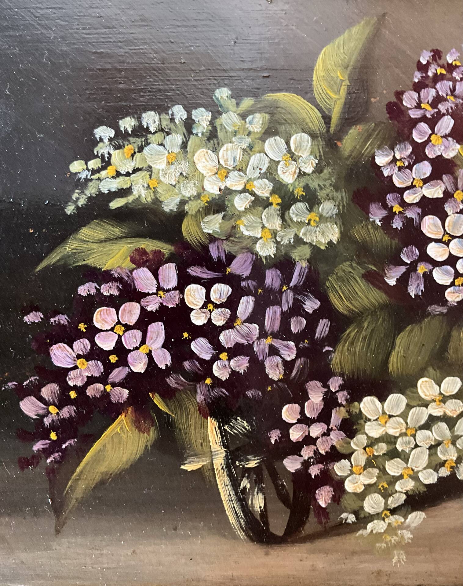 Huile sur panneau ancienne, bouquet de fleurs, cadre en bois sculpté d