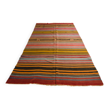 Large Vintage Striped Anatolian Hand-Woven Wool & Cotton Rugsku-135