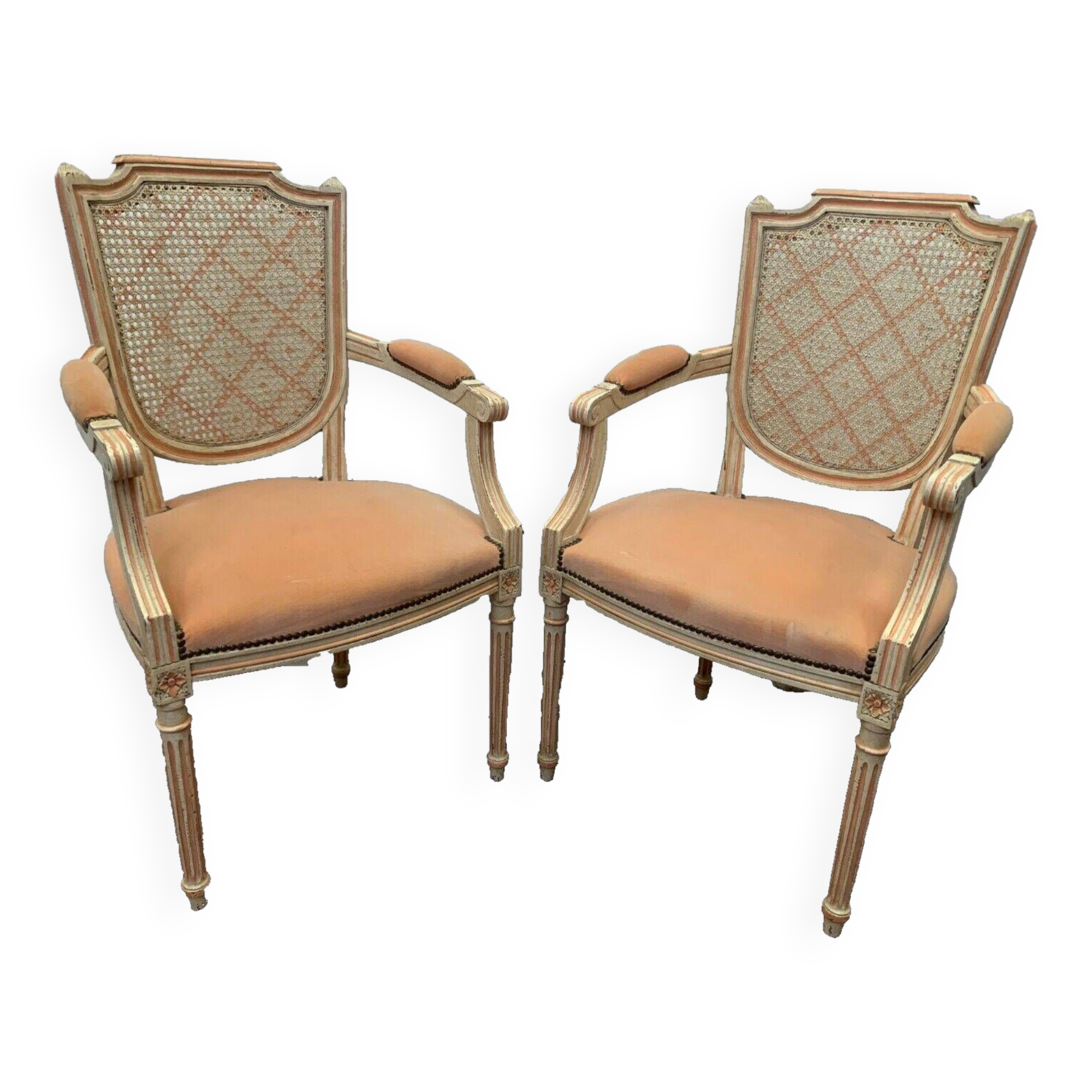 Pair of Louis XVI style armchairs in 20th century patinated beech