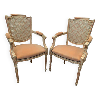 Pair of Louis XVI style armchairs in 20th century patinated beech