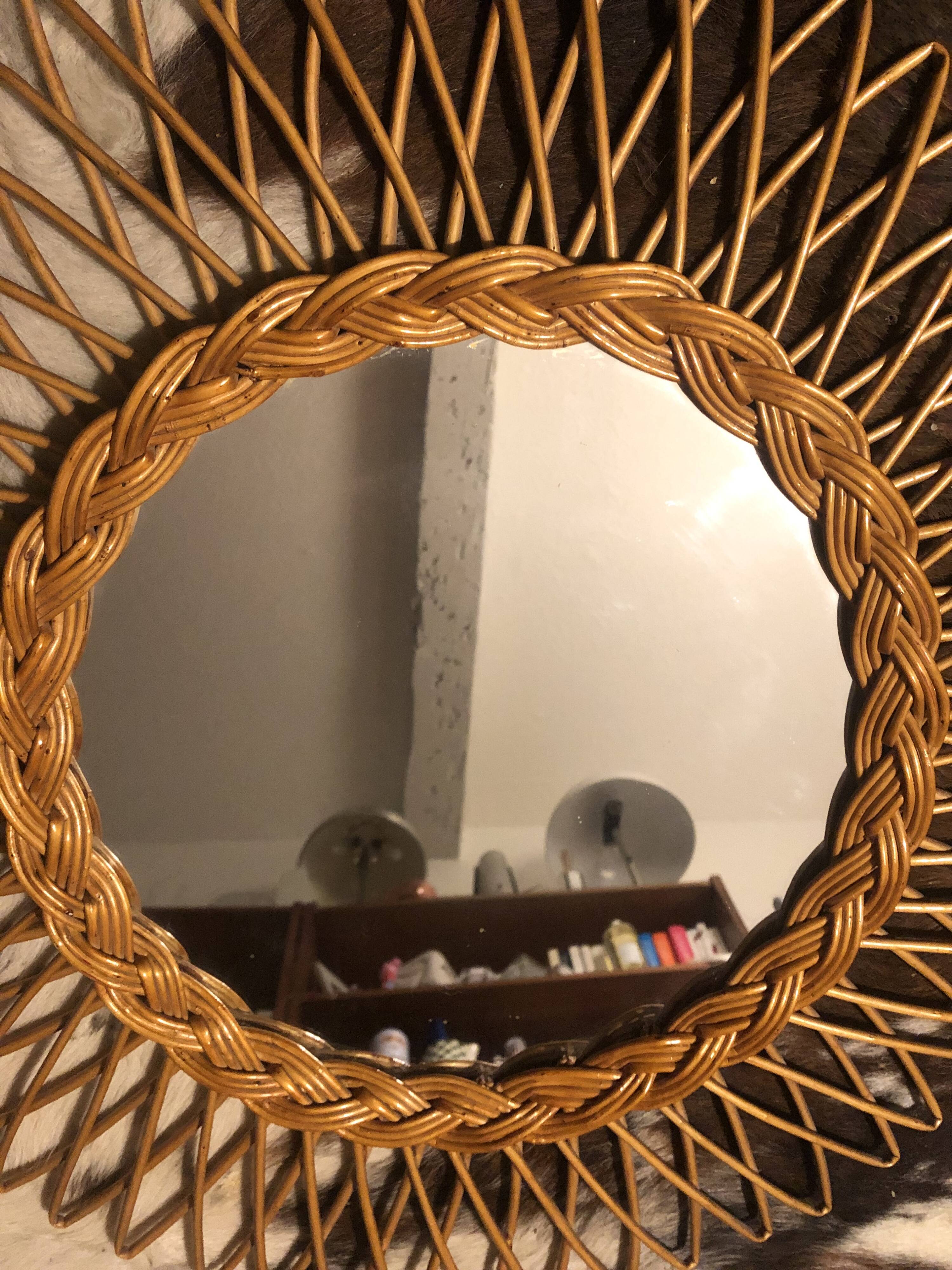 Vintage round rattan mirror 60s, 55 cm