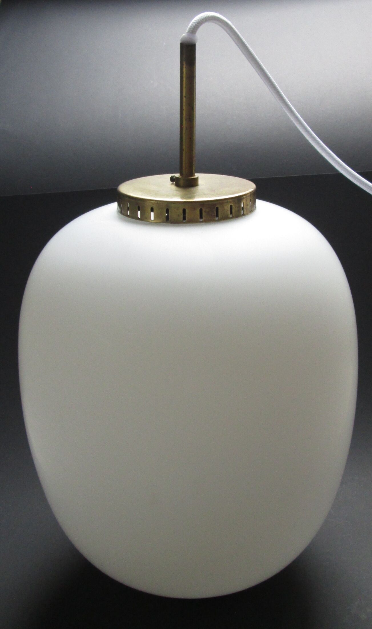 Satinated opaline glass/brass Kina hanging lamp, Bent Karlby, Lyfa