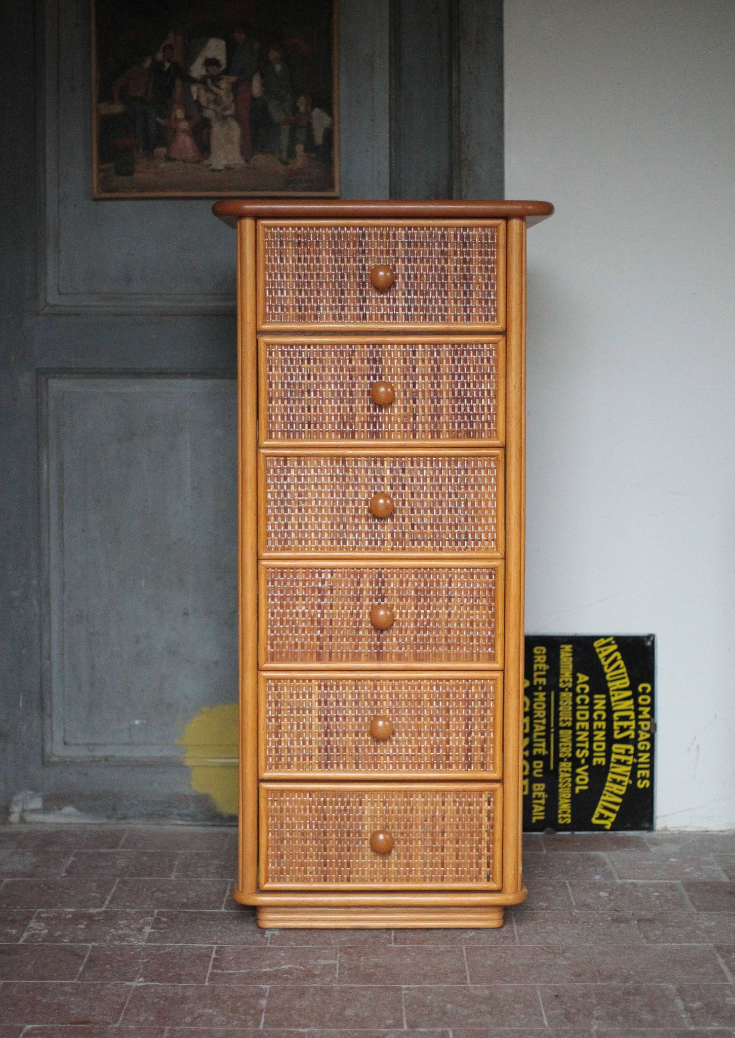 Vintage chest of drawers, Maugrion rattan weekly organizer for Roche Bobois