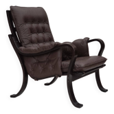 1970s, Scandinavian vintage design, armchair, brown leather, bent wood.