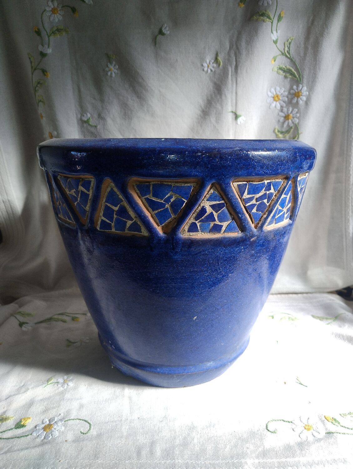 Blue ceramic planter with mosaic frieze